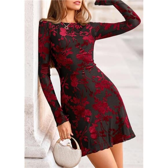 Women's Fashion Floral Long Sleeve Mini Dress Black Red - Picture 1 of 6